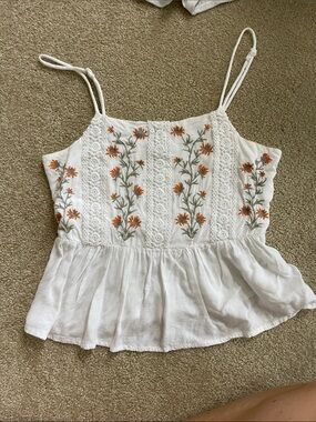 Patrons of Peace White Tank with Orange Floral Embroidery XS